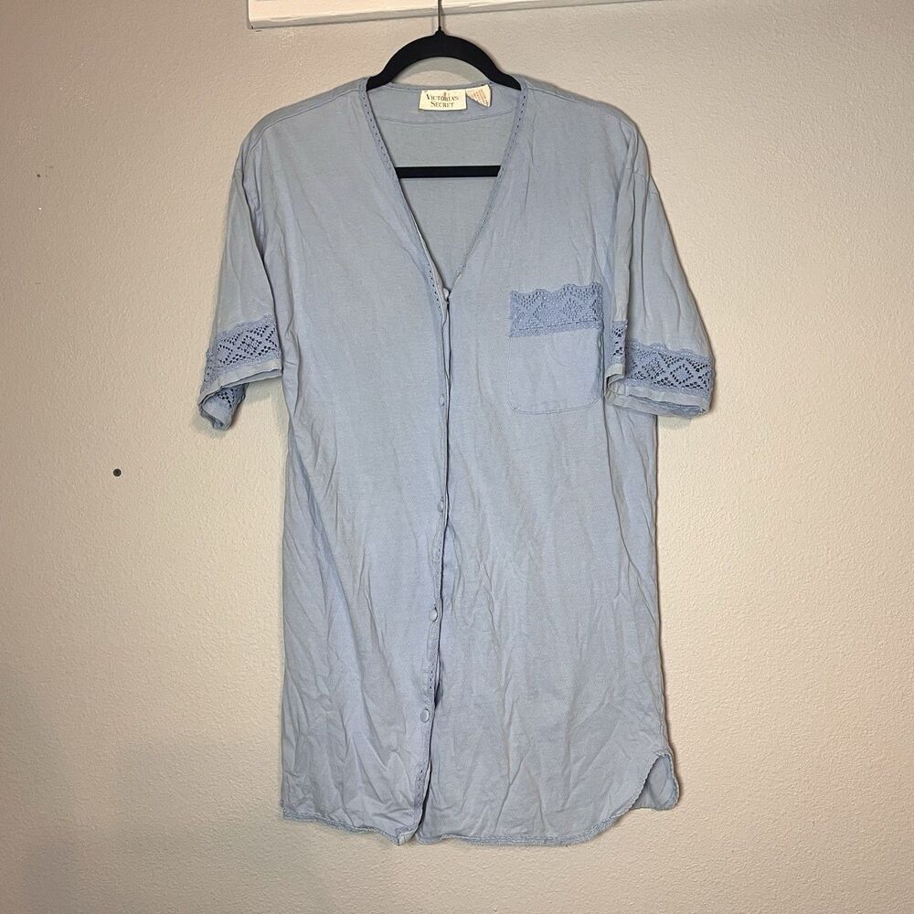Vintage Victoria’s Secret Gold Label Button Up Nightgown Sleep Shirt Blue Small